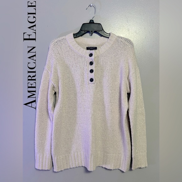 American Eagle Outfitters Sweaters - AMERICAN EAGLE Henley Sweater Jegging Fit Oversized Crewneck Cream Size XS, EUC